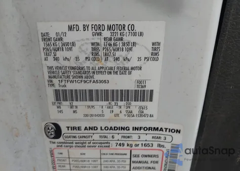 2012 Ford F-150 Xlt z USA, uszkodzony, nr VIN 1FTFW1CF9CFA53053